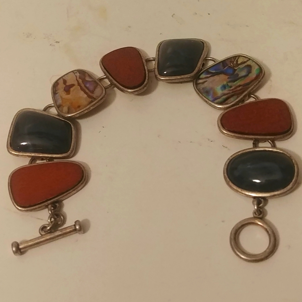 8 Linked Chunky Stone Wood Abalone Bracelet - image 1